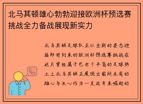 北马其顿雄心勃勃迎接欧洲杯预选赛挑战全力备战展现新实力