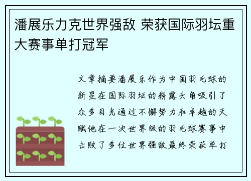 潘展乐力克世界强敌 荣获国际羽坛重大赛事单打冠军